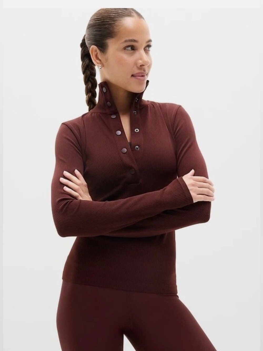 Athleta Flurry Seamless Henley Mock Neck Long Sleeve Top Burgundy Medium Ribbed